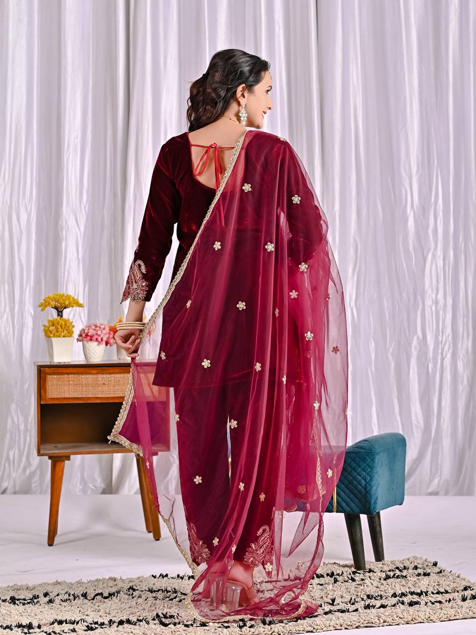 Luxury Maroon Velvet Sharara Set with Exquisite Embroidery
