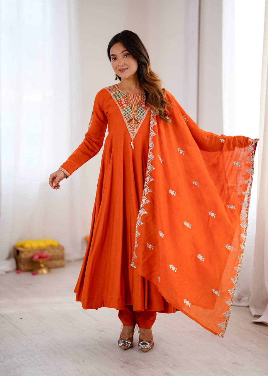 Orange Embroidered Rayon Anarkali Suit with Matching Dupatta & Straight