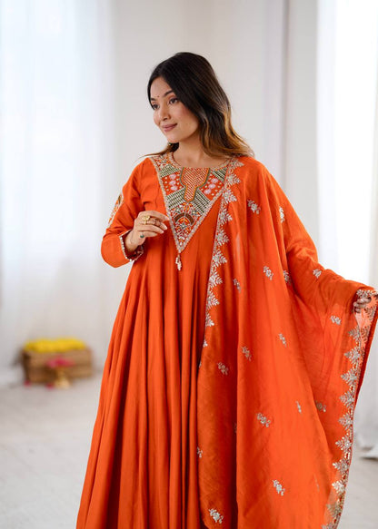Orange Embroidered Rayon Anarkali Suit with Matching Dupatta & Straight