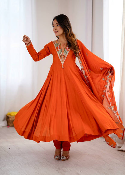 Orange Embroidered Rayon Anarkali Suit with Matching Dupatta & Straight
