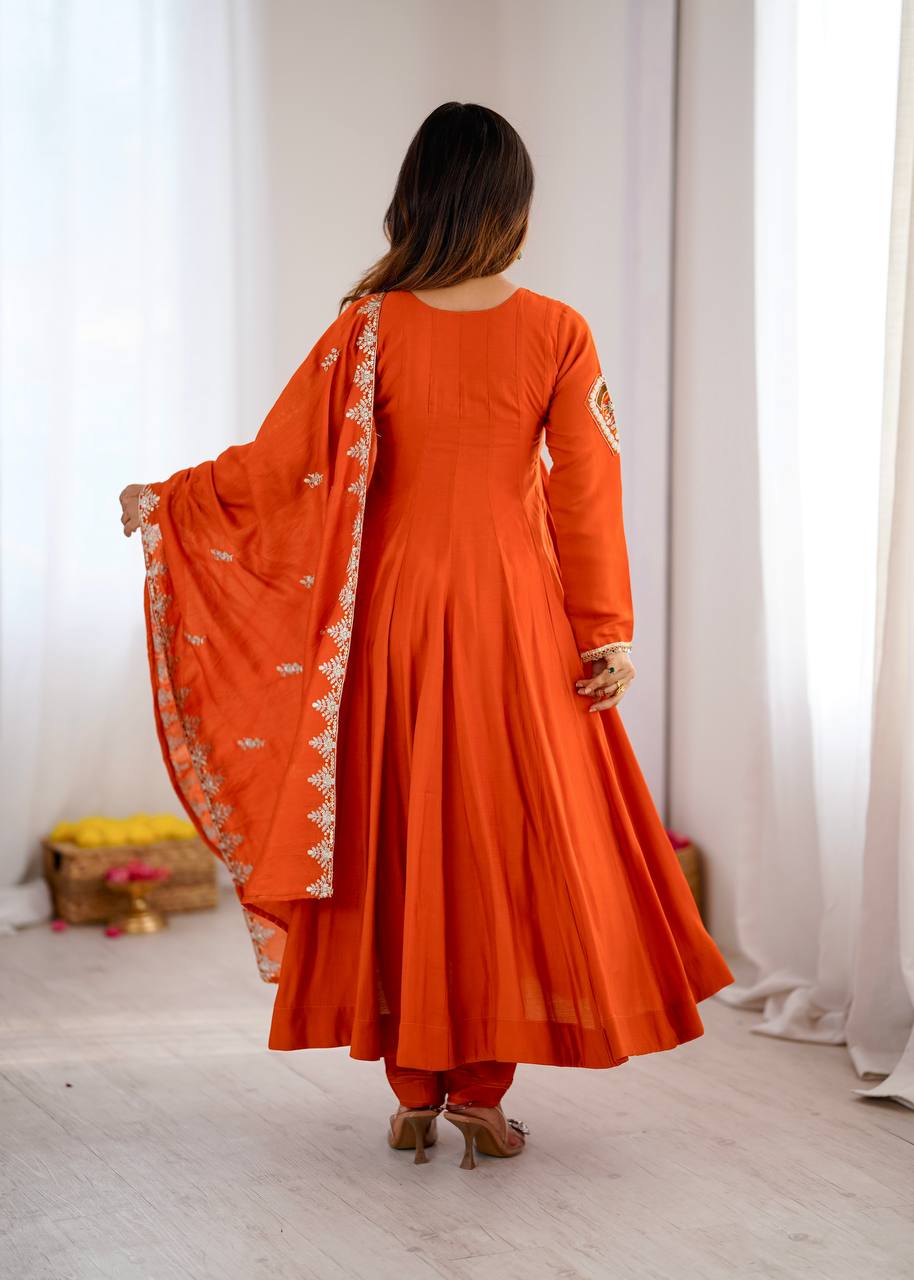Orange Embroidered Rayon Anarkali Suit with Matching Dupatta & Straight