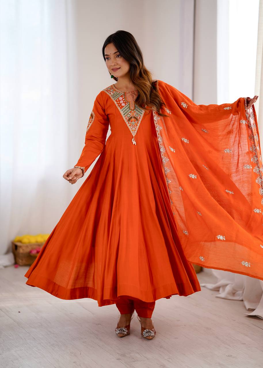 Orange Embroidered Rayon Anarkali Suit with Matching Dupatta & Straight