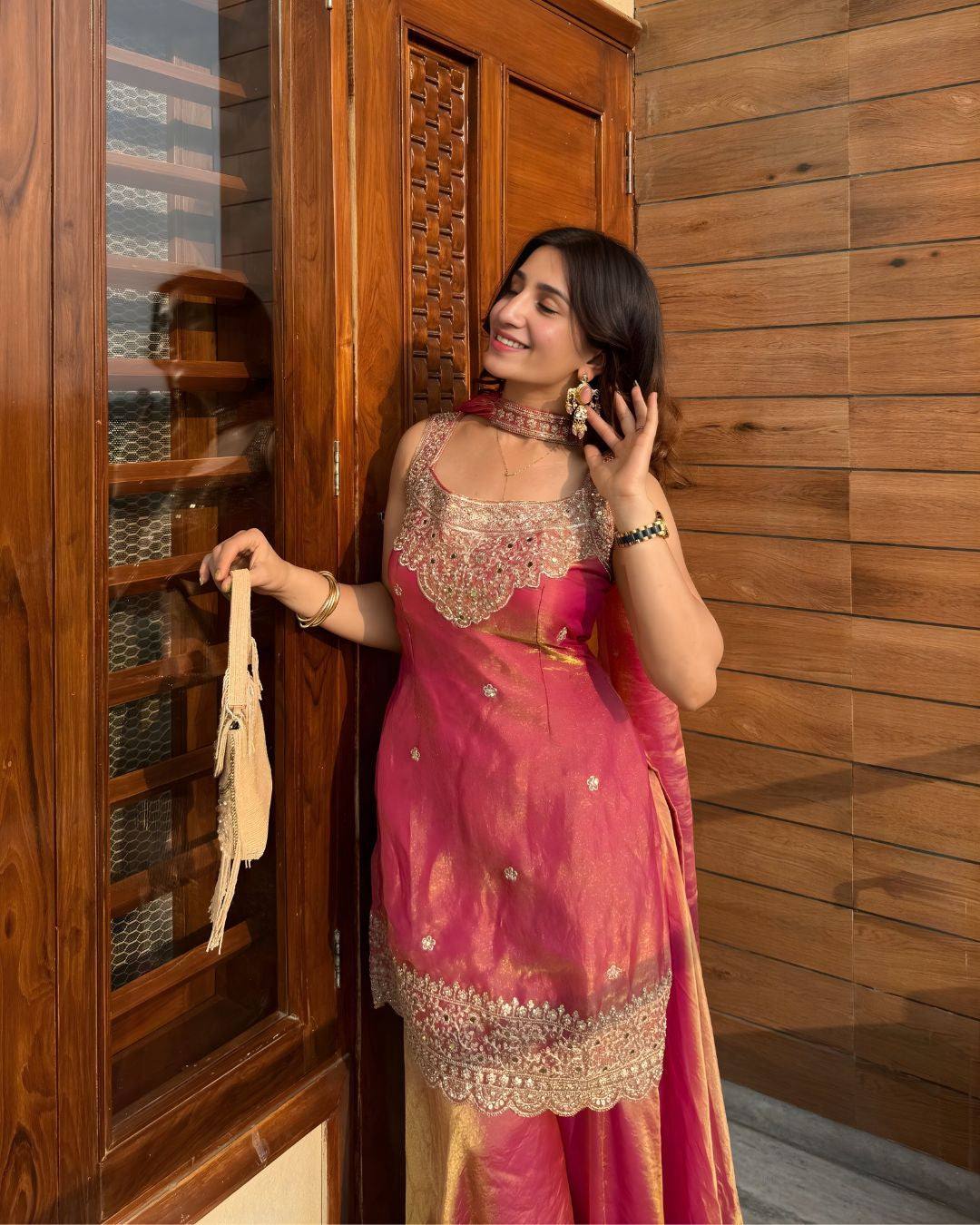 Pink & Aqua Blue Premium Silk Embroidered Straight Kurta with Palazzo & Dupatta Set