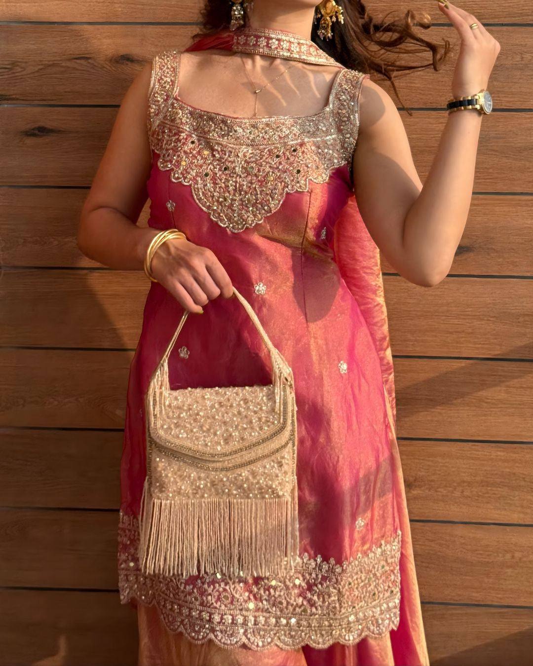 Pink & Aqua Blue Premium Silk Embroidered Straight Kurta with Palazzo & Dupatta Set