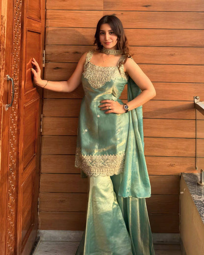 Pink & Aqua Blue Premium Silk Embroidered Straight Kurta with Palazzo & Dupatta Set
