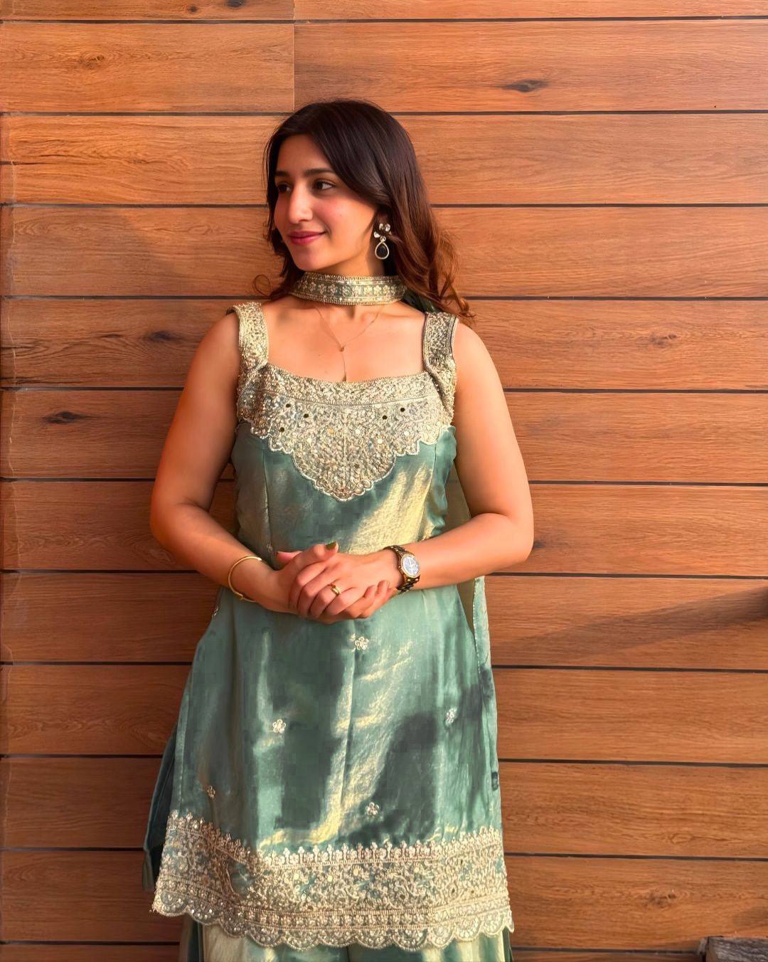 Pink & Aqua Blue Premium Silk Embroidered Straight Kurta with Palazzo & Dupatta Set