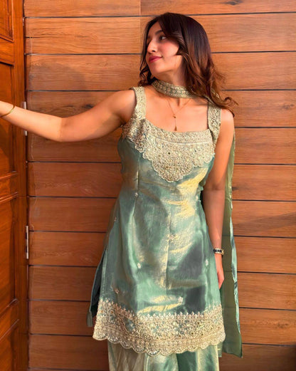 Pink & Aqua Blue Premium Silk Embroidered Straight Kurta with Palazzo & Dupatta Set