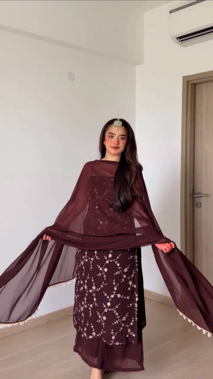 Wine Maroon Floral Embroidered Suit with Straight Kurta