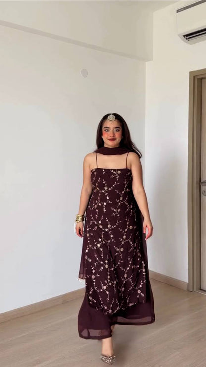 Wine Maroon Floral Embroidered Suit with Straight Kurta