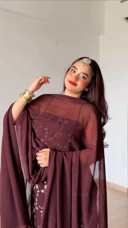 Wine Maroon Floral Embroidered Suit with Straight Kurta