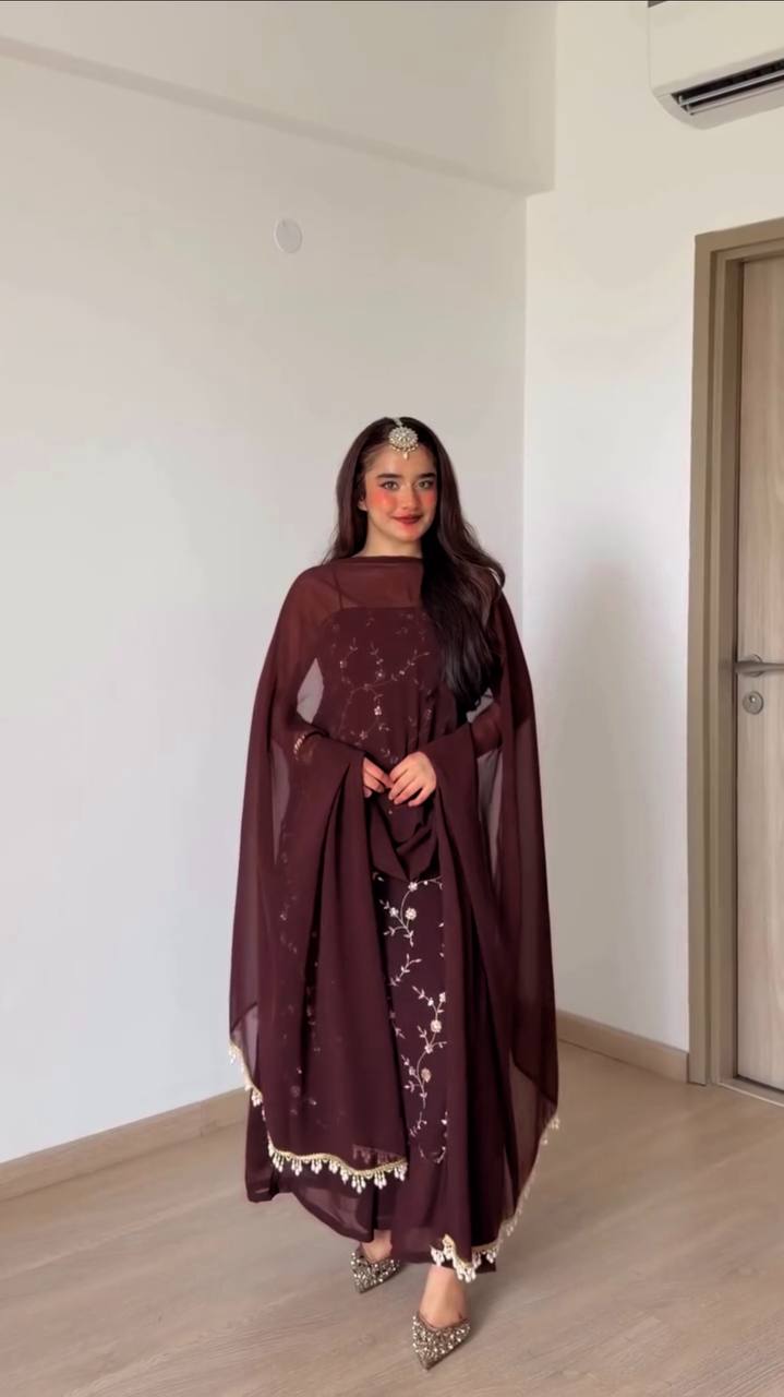 Wine Maroon Floral Embroidered Suit with Straight Kurta