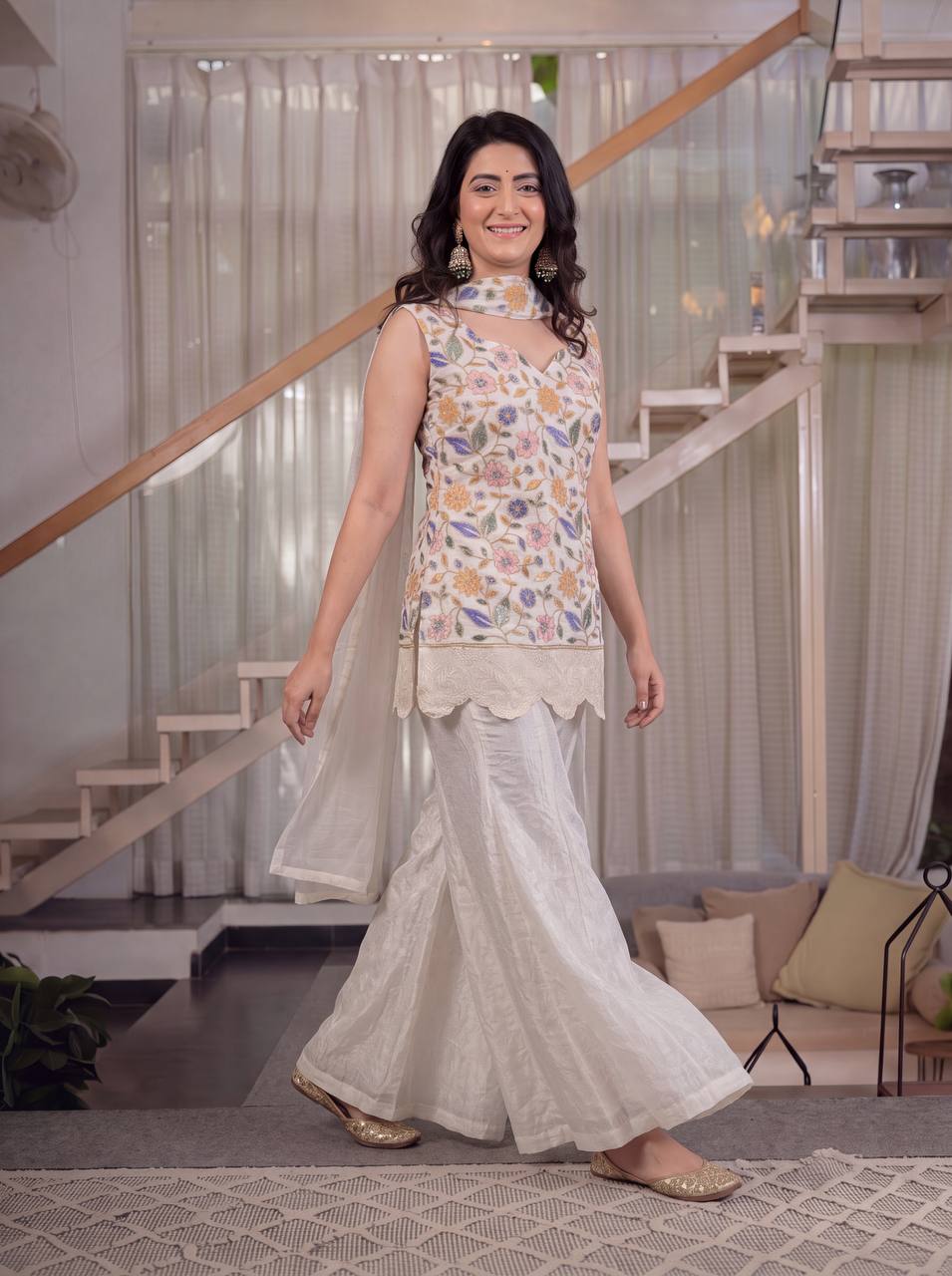 Ivory Floral Embroidered Kurta with Palazzo & Dupatta