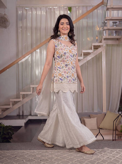 Ivory Floral Embroidered Kurta with Palazzo & Dupatta