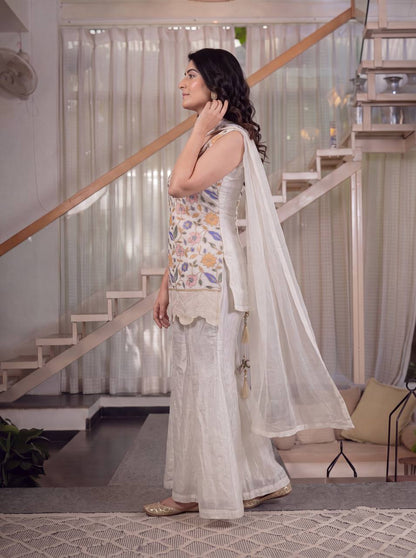 Ivory Floral Embroidered Kurta with Palazzo & Dupatta