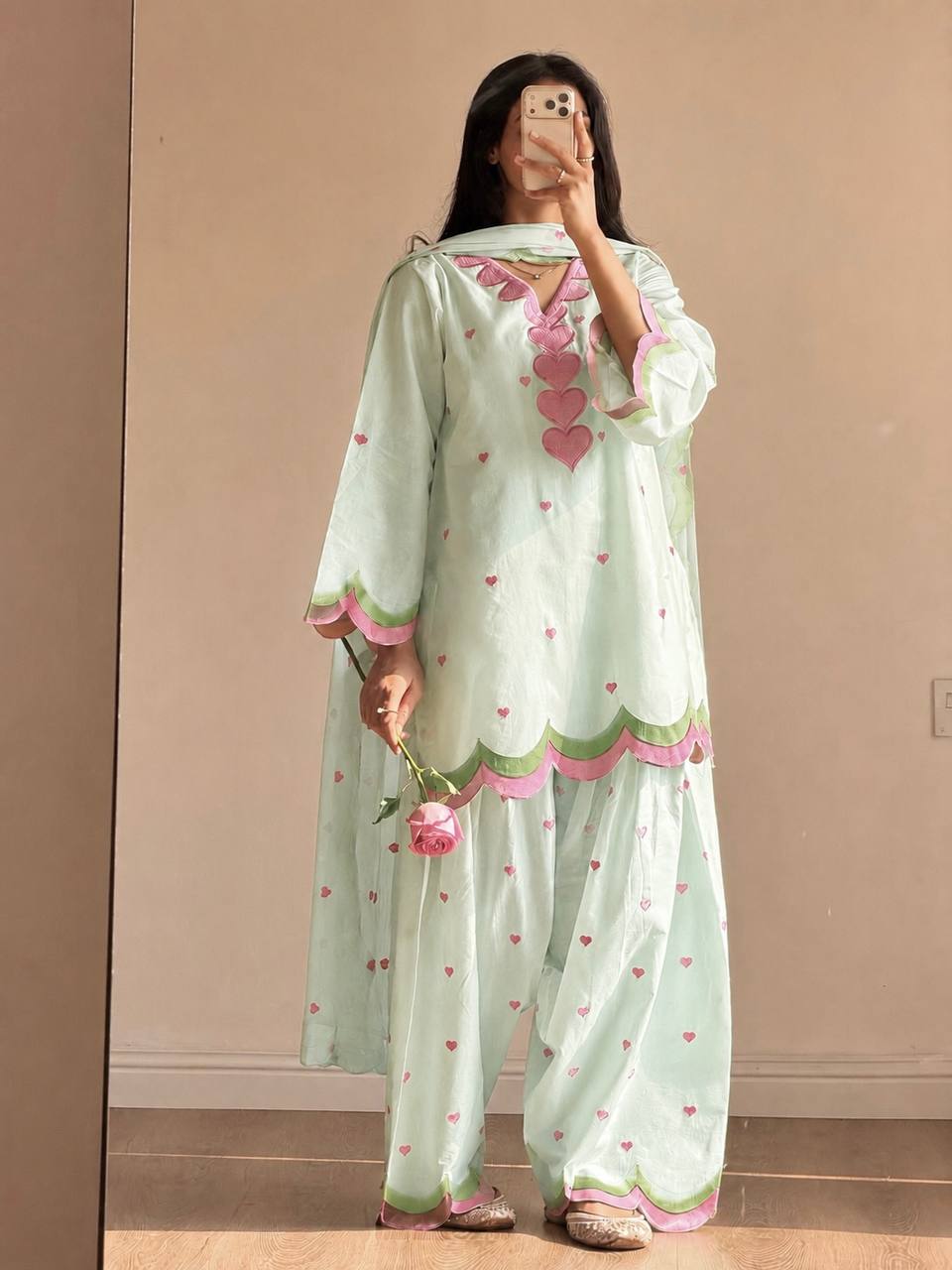 Rani Pink Heart Embroidered Blend Kurta with & Dupatta