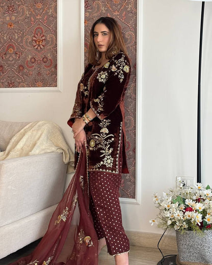 Luxury Maroon Velvet Embroidery Ensemble