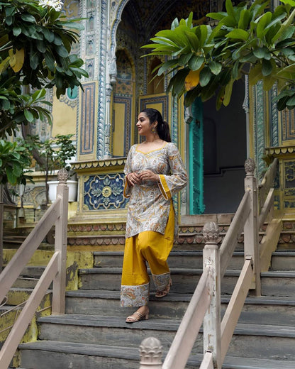 Natural  Embroidered Straight Kurta with Farshi salwar & Dupatta Set.