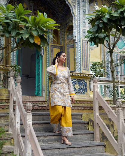 Natural  Embroidered Straight Kurta with Farshi salwar & Dupatta Set.