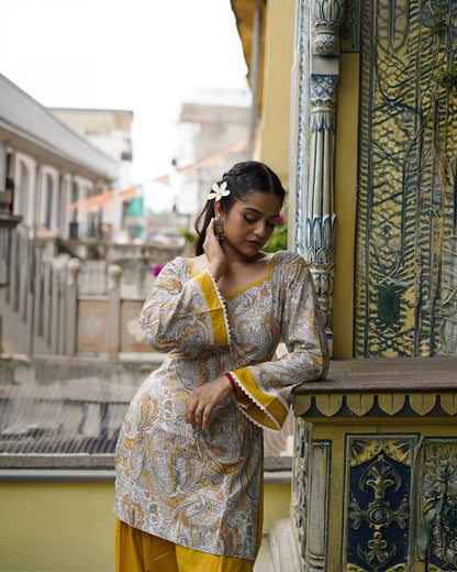 Natural  Embroidered Straight Kurta with Farshi salwar & Dupatta Set.