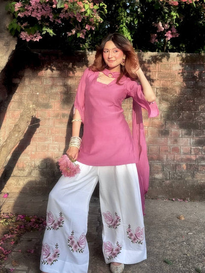 Rose Pink Solid  Roman Kurta with Floral Plazzo