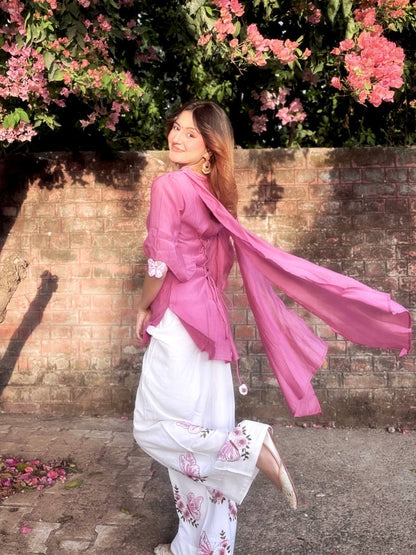 Rose Pink Solid  Roman Kurta with Floral Plazzo
