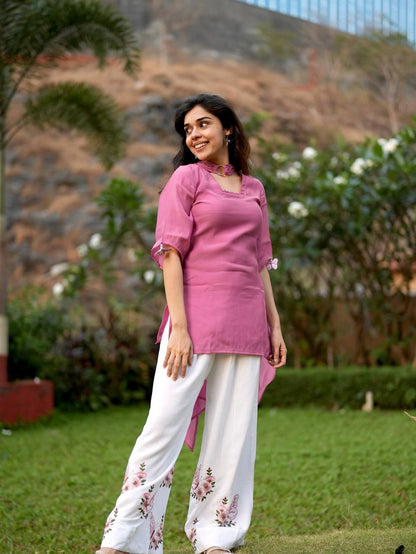 Rose Pink Solid  Roman Kurta with Floral Plazzo