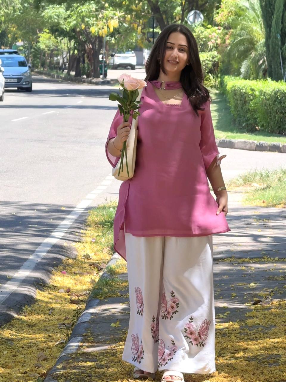 Rose Pink Solid  Roman Kurta with Floral Plazzo