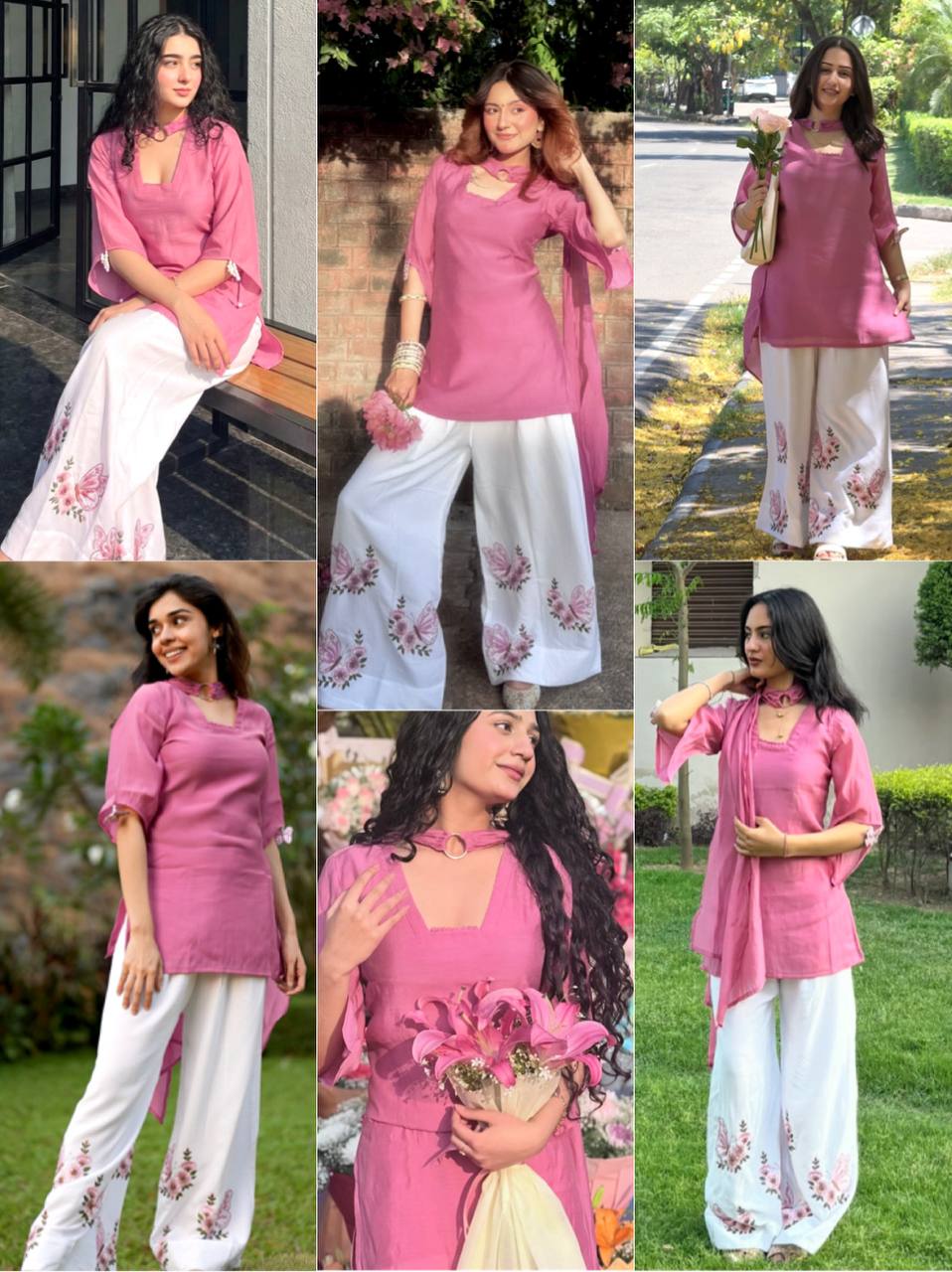 Rose Pink Solid  Roman Kurta with Floral Plazzo