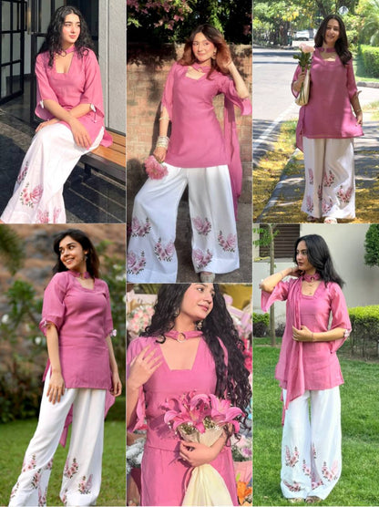 Rose Pink Solid  Roman Kurta with Floral Plazzo