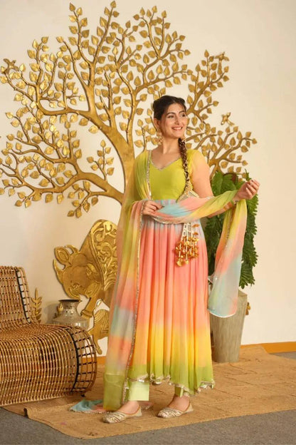 Pastel Ombre Multicolor Embroidered Georgette Anarkali Suit with Flared
