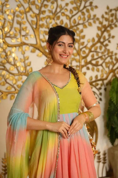 Pastel Ombre Multicolor Embroidered Georgette Anarkali Suit with Flared