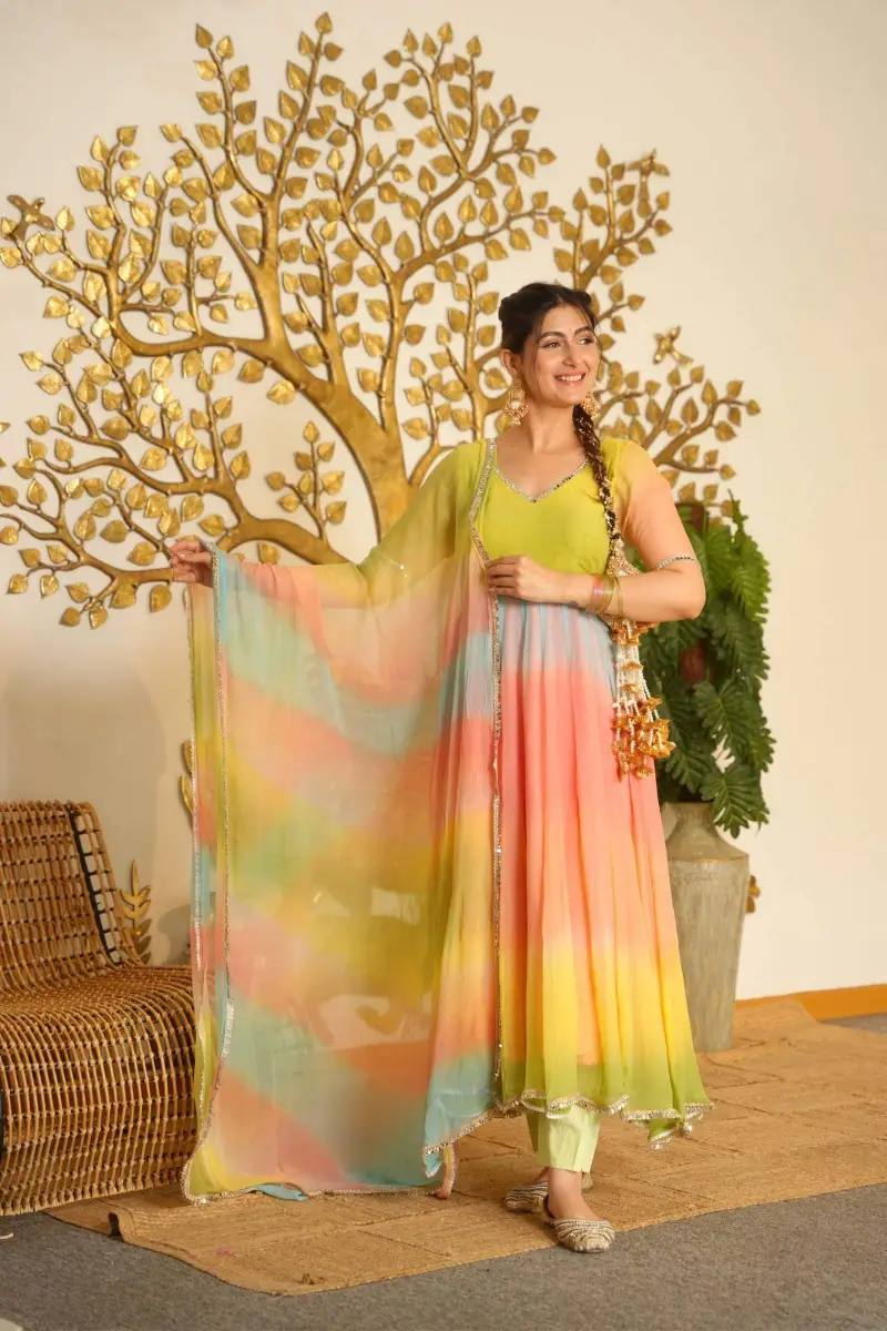 Pastel Ombre Multicolor Embroidered Georgette Anarkali Suit with Flared