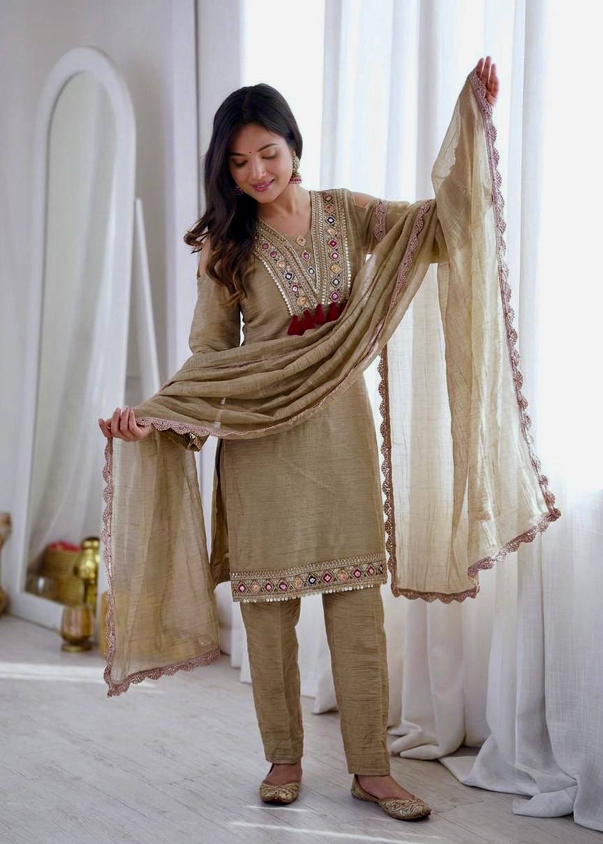Beige Embroidered Suit with Straight Kurta