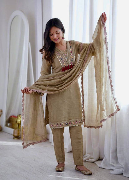 Beige Embroidered Suit with Straight Kurta