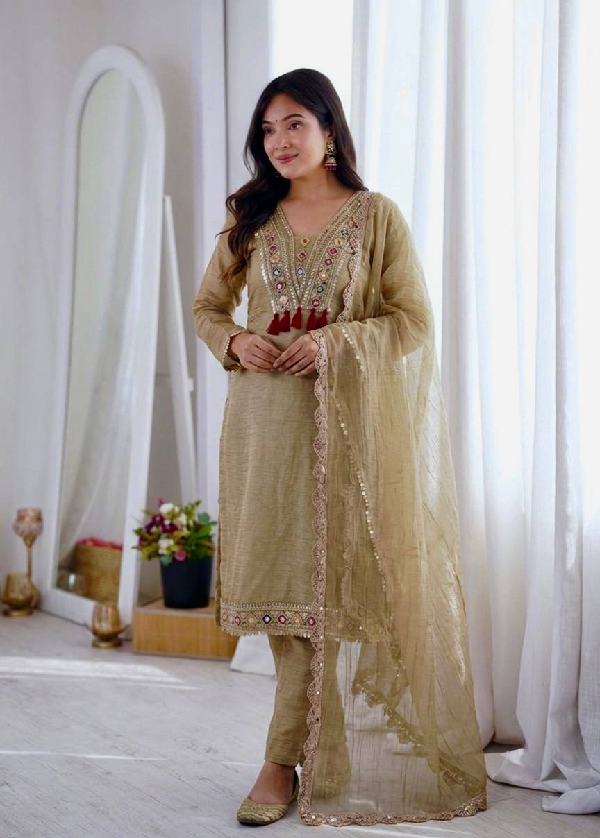 Beige Embroidered Suit with Straight Kurta