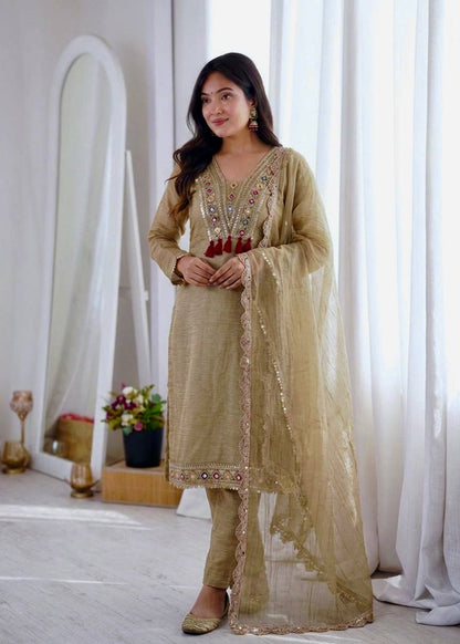 Beige Embroidered Suit with Straight Kurta