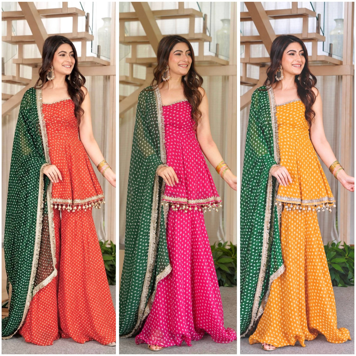 Pink Printed Georgette Plazzo Suit with Green Dupatta