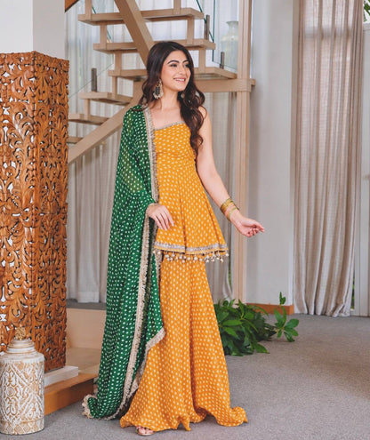 Pink Printed Georgette Plazzo Suit with Green Dupatta