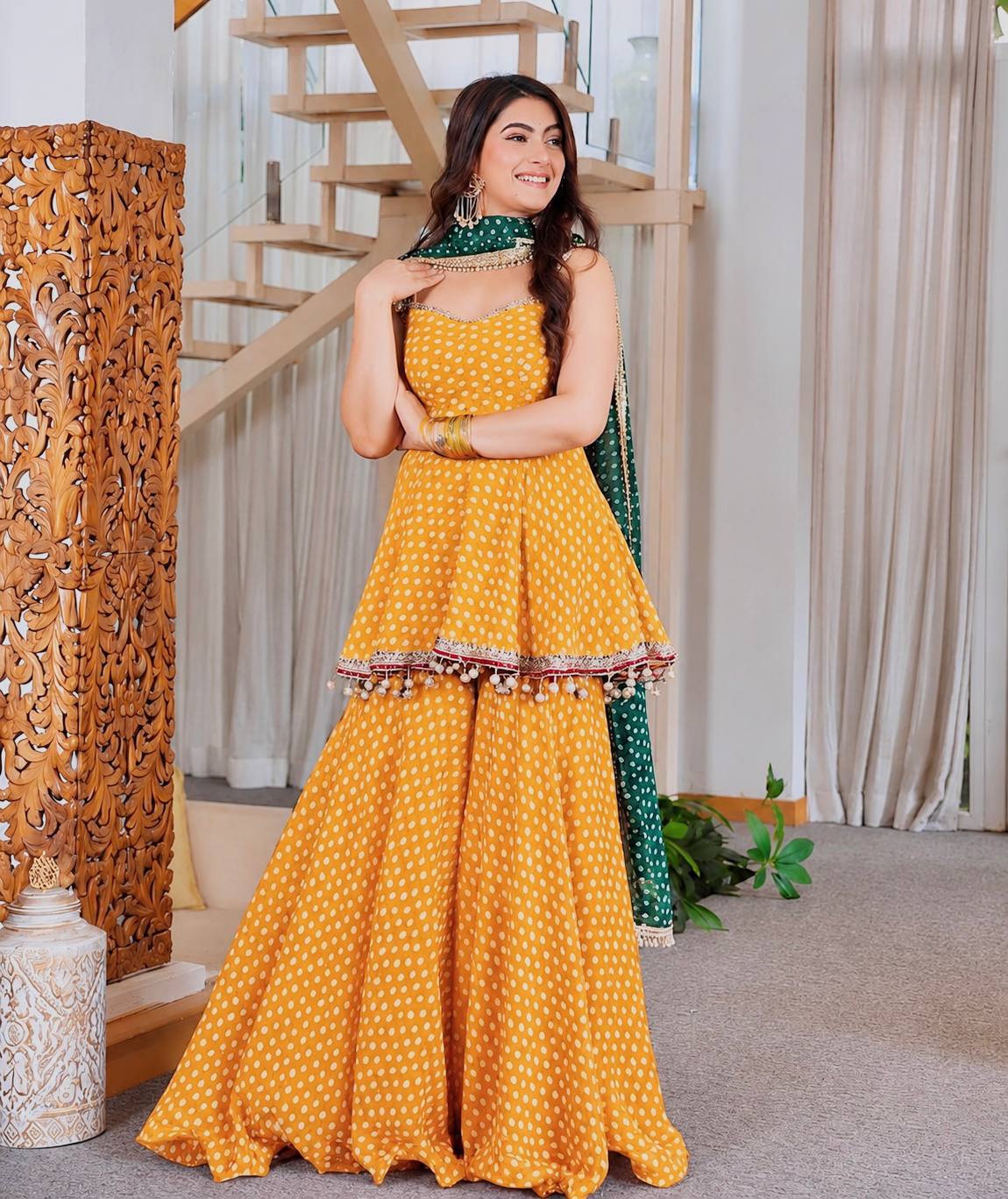 Pink Printed Georgette Plazzo Suit with Green Dupatta