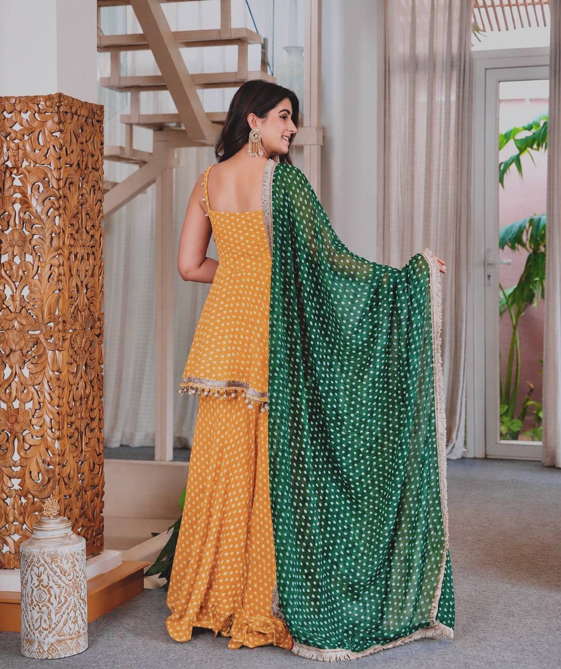 Pink Printed Georgette Plazzo Suit with Green Dupatta