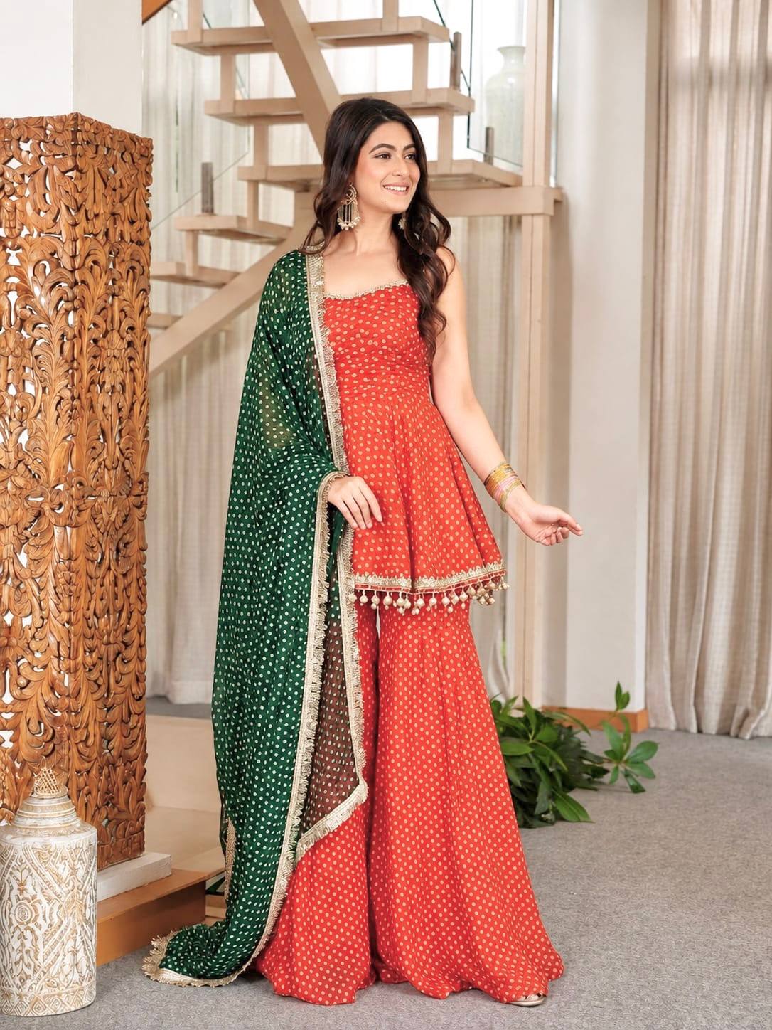 Pink Printed Georgette Plazzo Suit with Green Dupatta