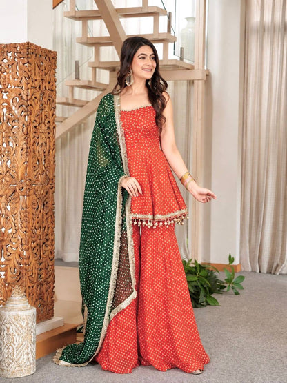 Pink Printed Georgette Plazzo Suit with Green Dupatta