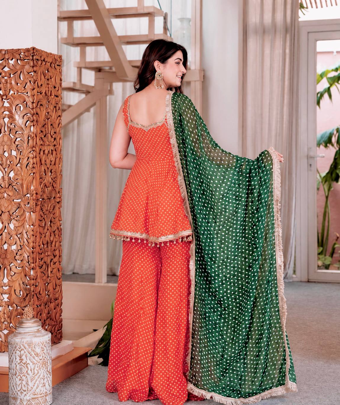 Pink Printed Georgette Plazzo Suit with Green Dupatta