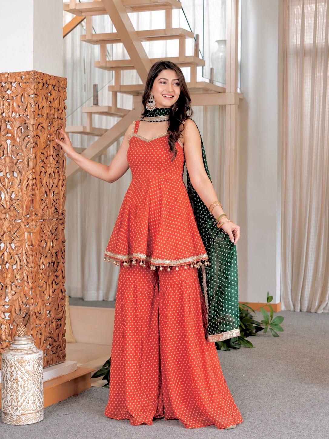 Pink Printed Georgette Plazzo Suit with Green Dupatta