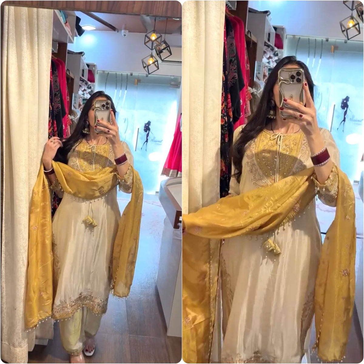 Mustard Yellow Embroidered  Ronald Silk Suit with Straight Pants & Dupatta