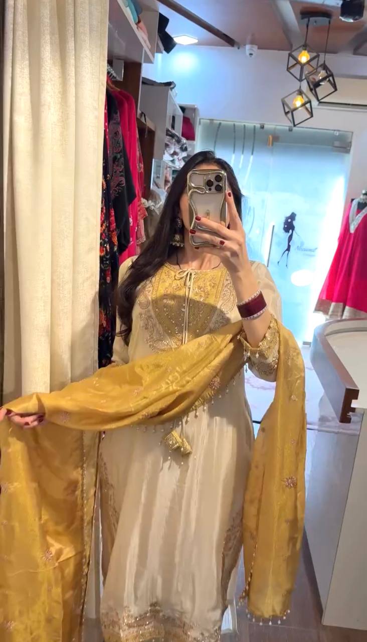 Mustard Yellow Embroidered  Ronald Silk Suit with Straight Pants & Dupatta