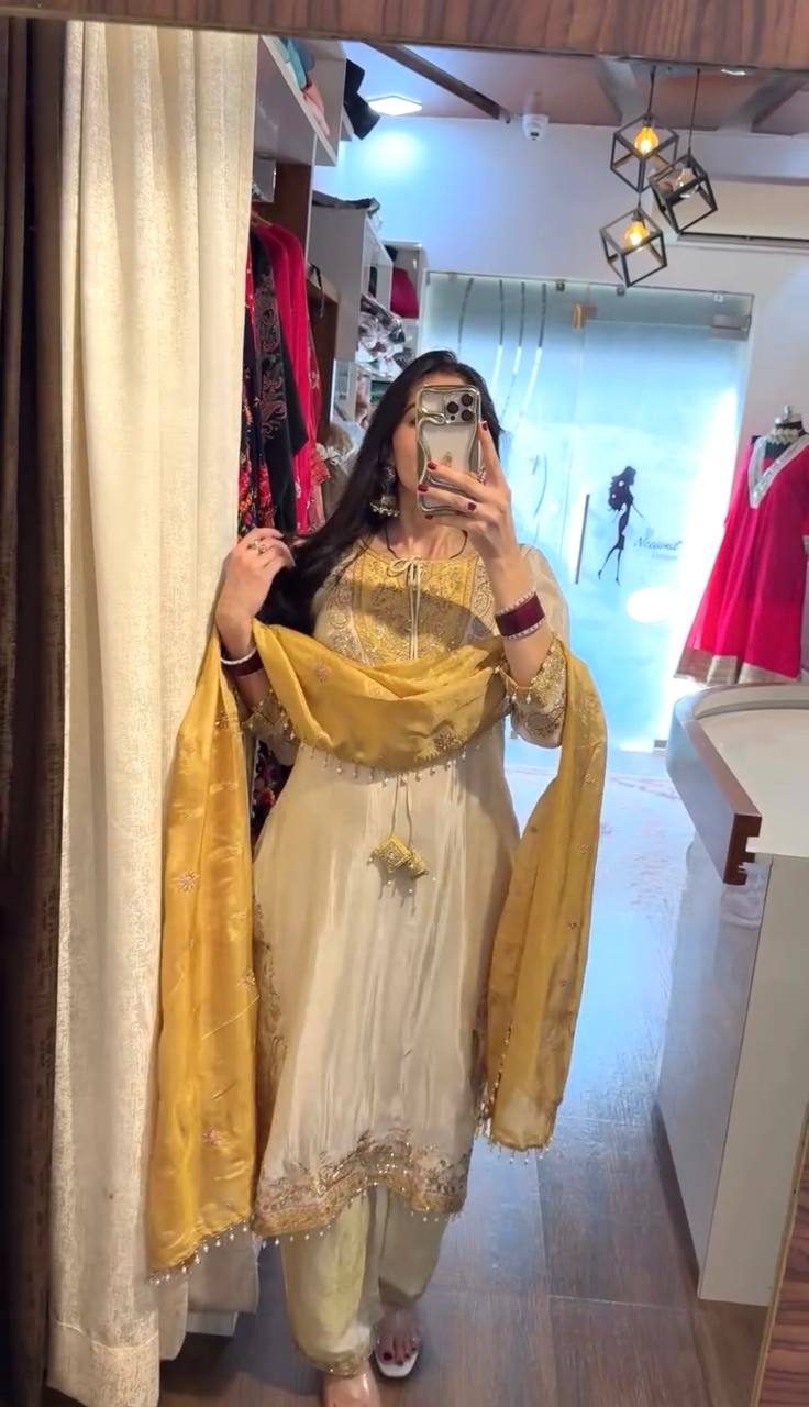 Mustard Yellow Embroidered  Ronald Silk Suit with Straight Pants & Dupatta