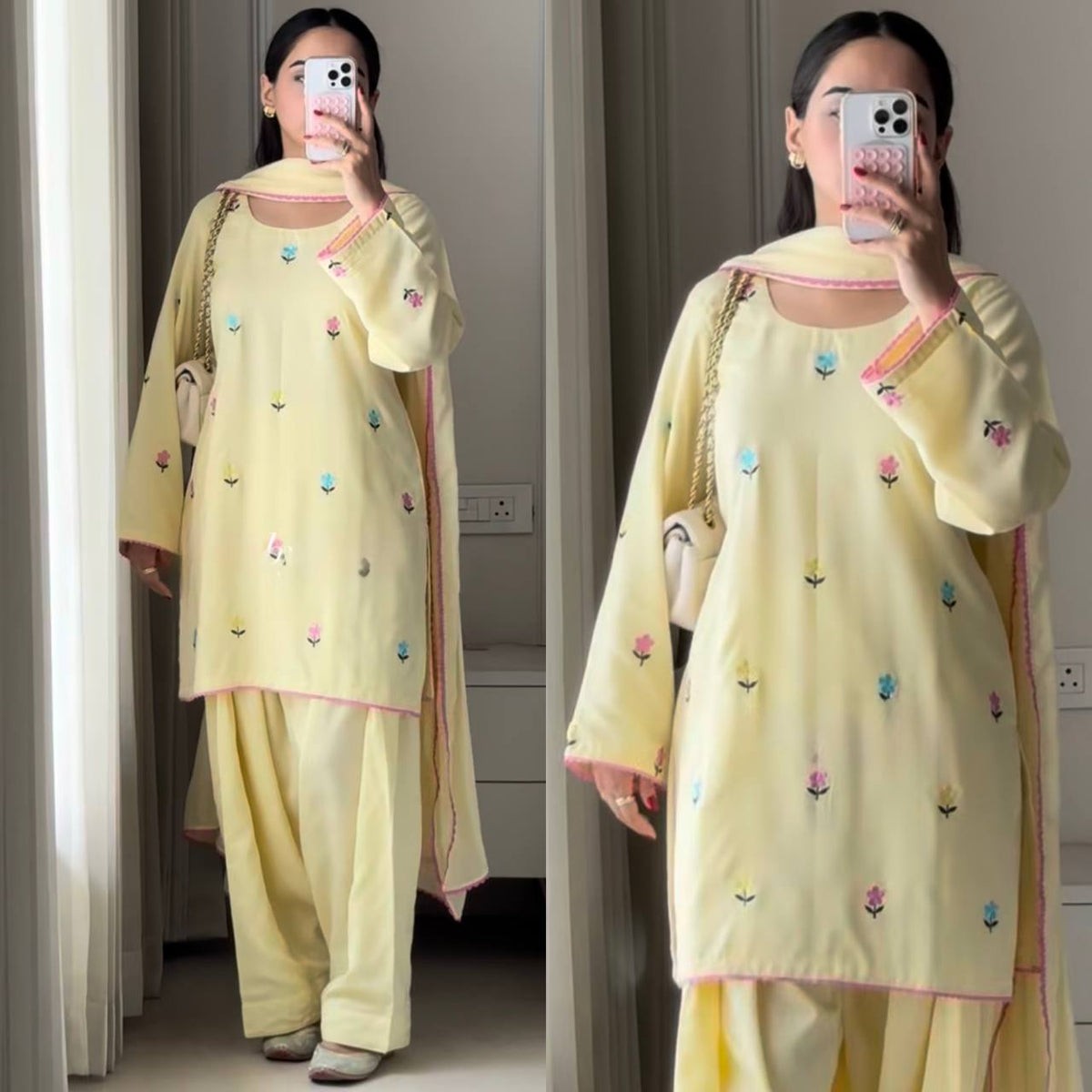 Pastel Yellow Floral Embroidered Kurta withFarshi salwar & Dupatta