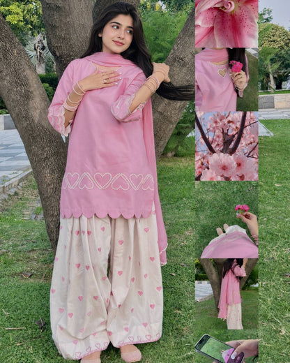 Blush Pink Heart Embroidered Pure Cotton Straight Kurta with Patiala Salwar