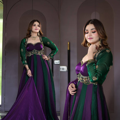 Emerald Green & Royal Purple Embroidered Velvet Anarkali Gown